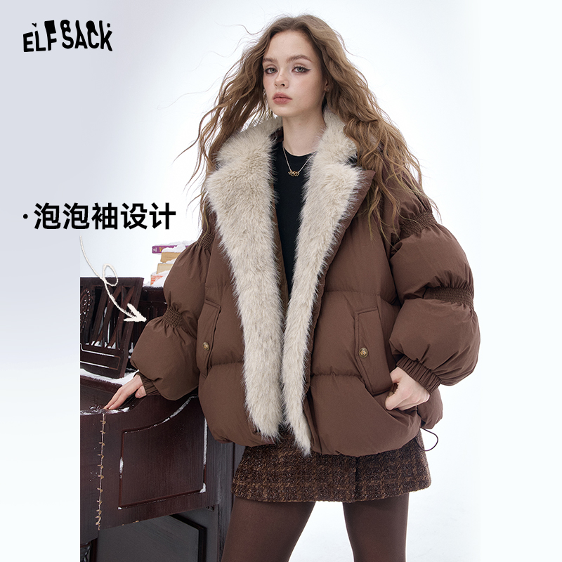 妖精的口袋复古大毛领短款羽绒服2025面包服保暖厚外套25715019