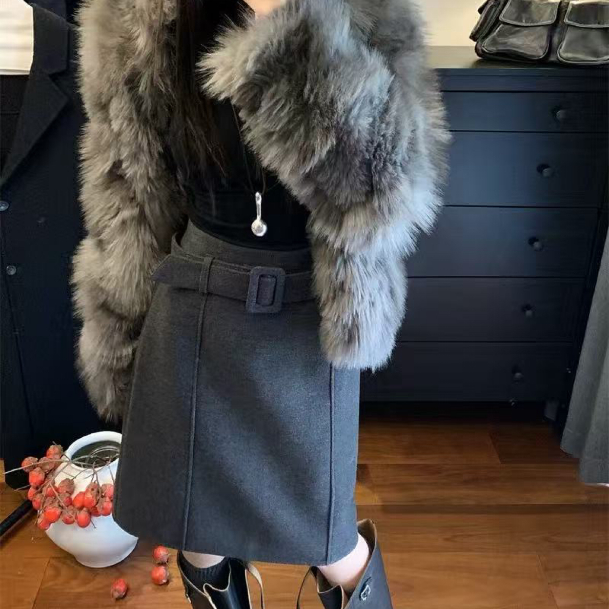 zy@81518 韩系时尚复古高腰显瘦百搭毛呢半身裙（裙长58 带腰带）