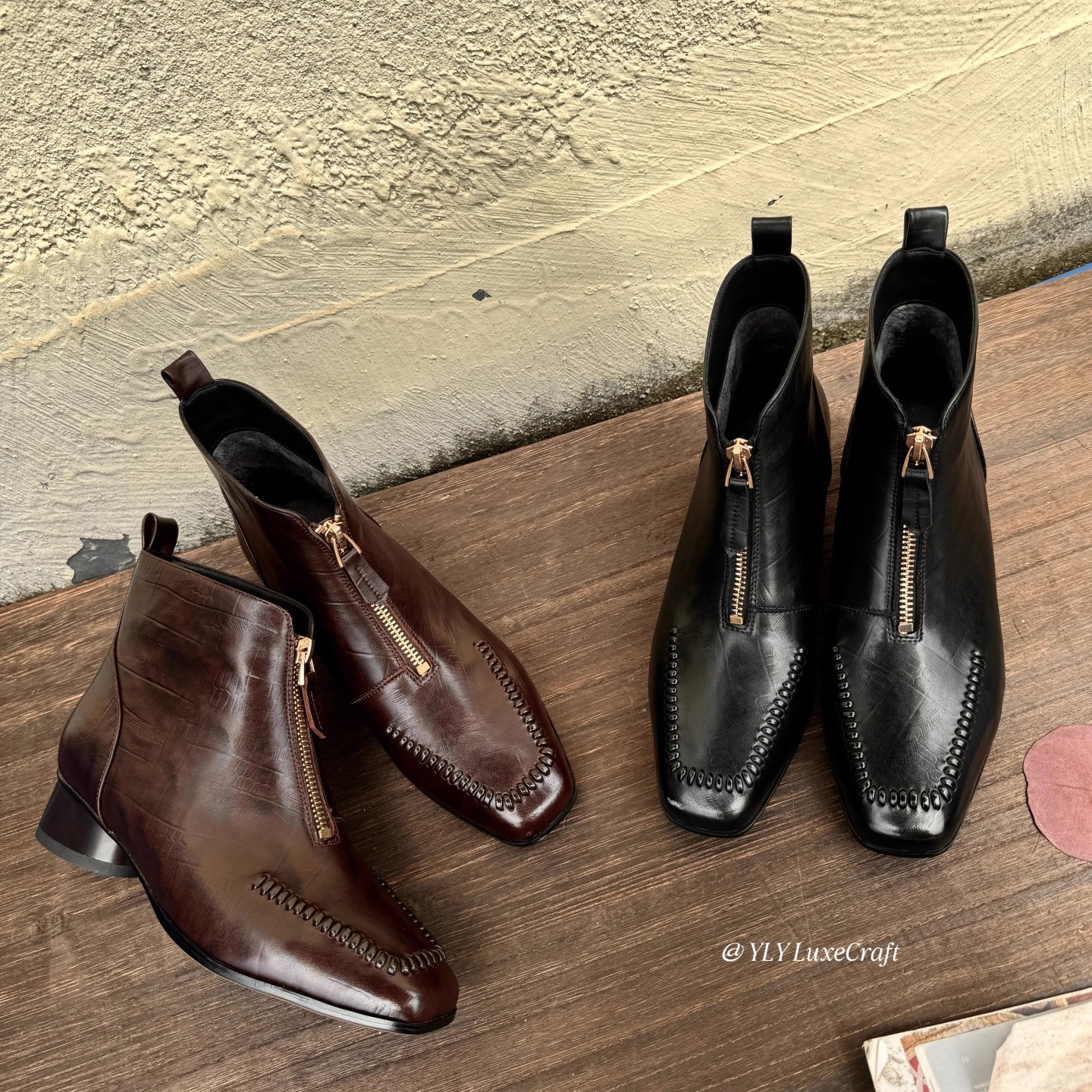 H158-198真皮短靴女2025秋冬季加绒粗跟舒适百搭显瘦拉链及踝靴