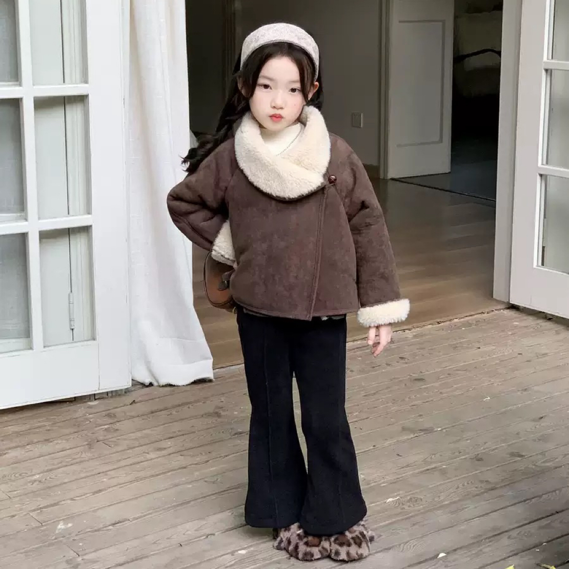 2025冬季新款韩版童装女童毛绒加厚外套翻领保暖上衣 喇叭裤