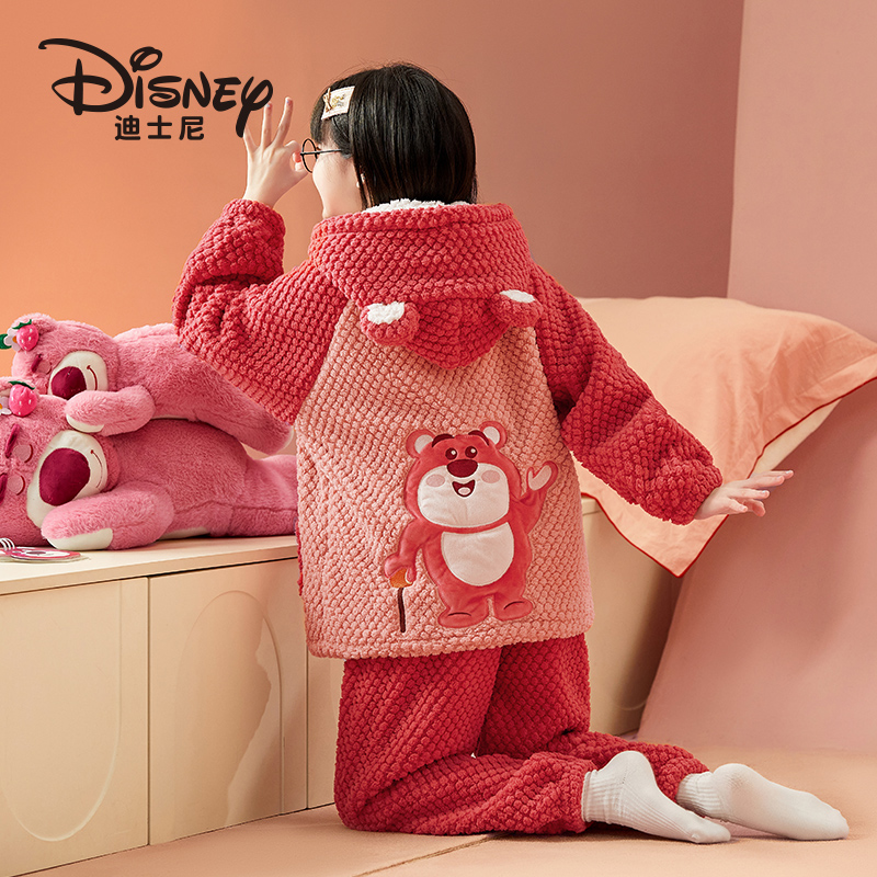 Disney/迪士尼草莓熊儿童睡衣冬季加绒女孩珊瑚绒家居服套装4155