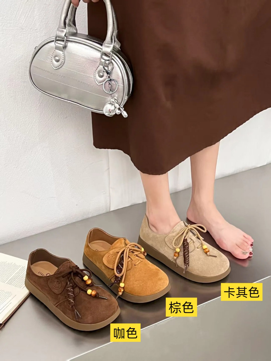 818-08大码女鞋真皮勃肯鞋2025秋季新款全包系带圆头软面软底单鞋