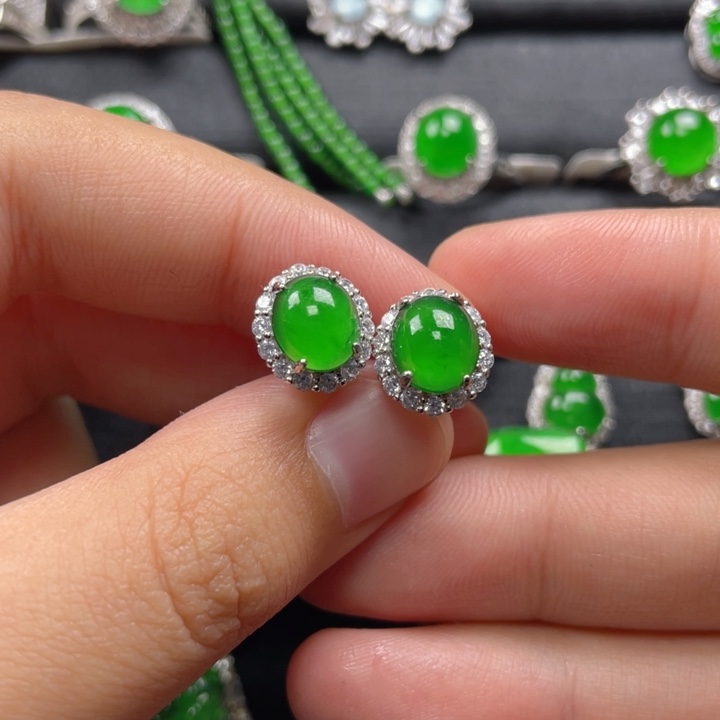 翡翠耳饰银S925镶嵌耳钉