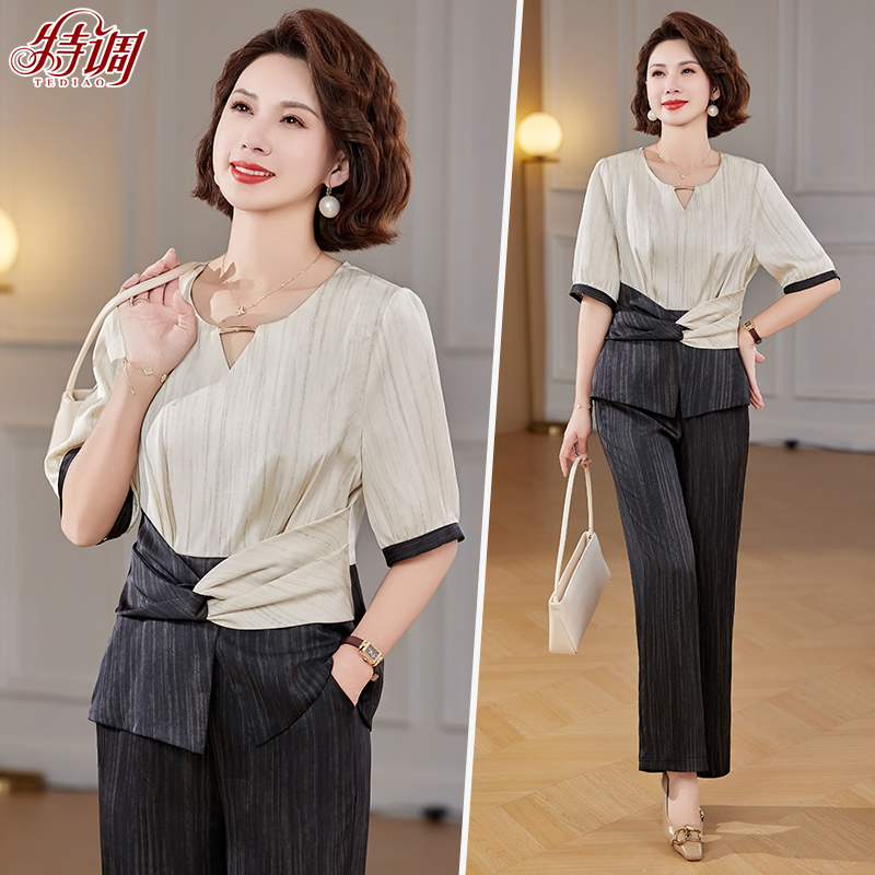 气质妈妈装夏季新款两件套女中年洋气阔太太时尚套装40岁短袖上衣