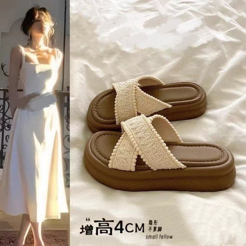 众厚底交叉拖鞋女2025夏季新款凉拖鞋平底外出沙滩松糕凉拖鞋百搭