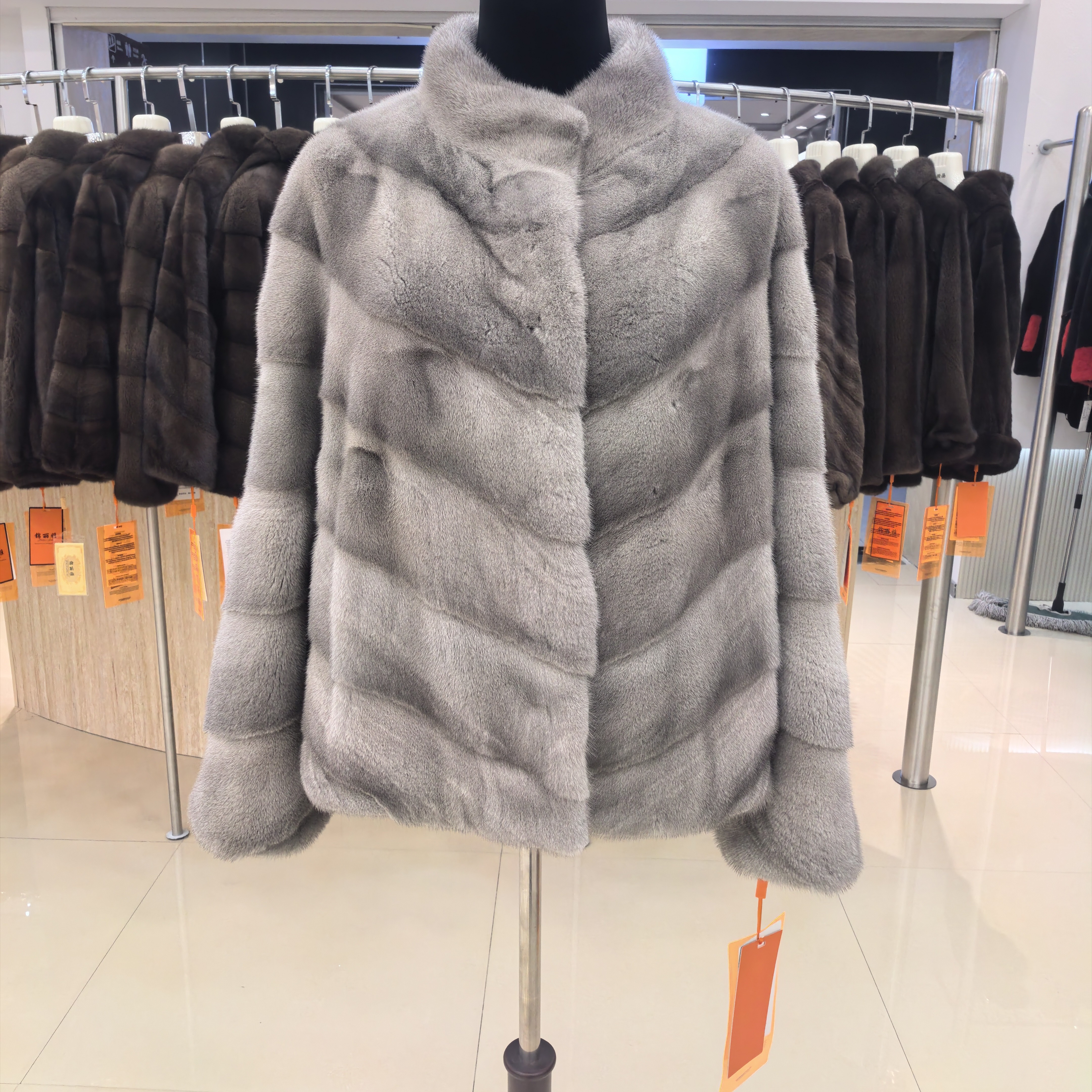 女士进口整貂银兰色横排立领短款水貂皮草外套时尚百搭保暖