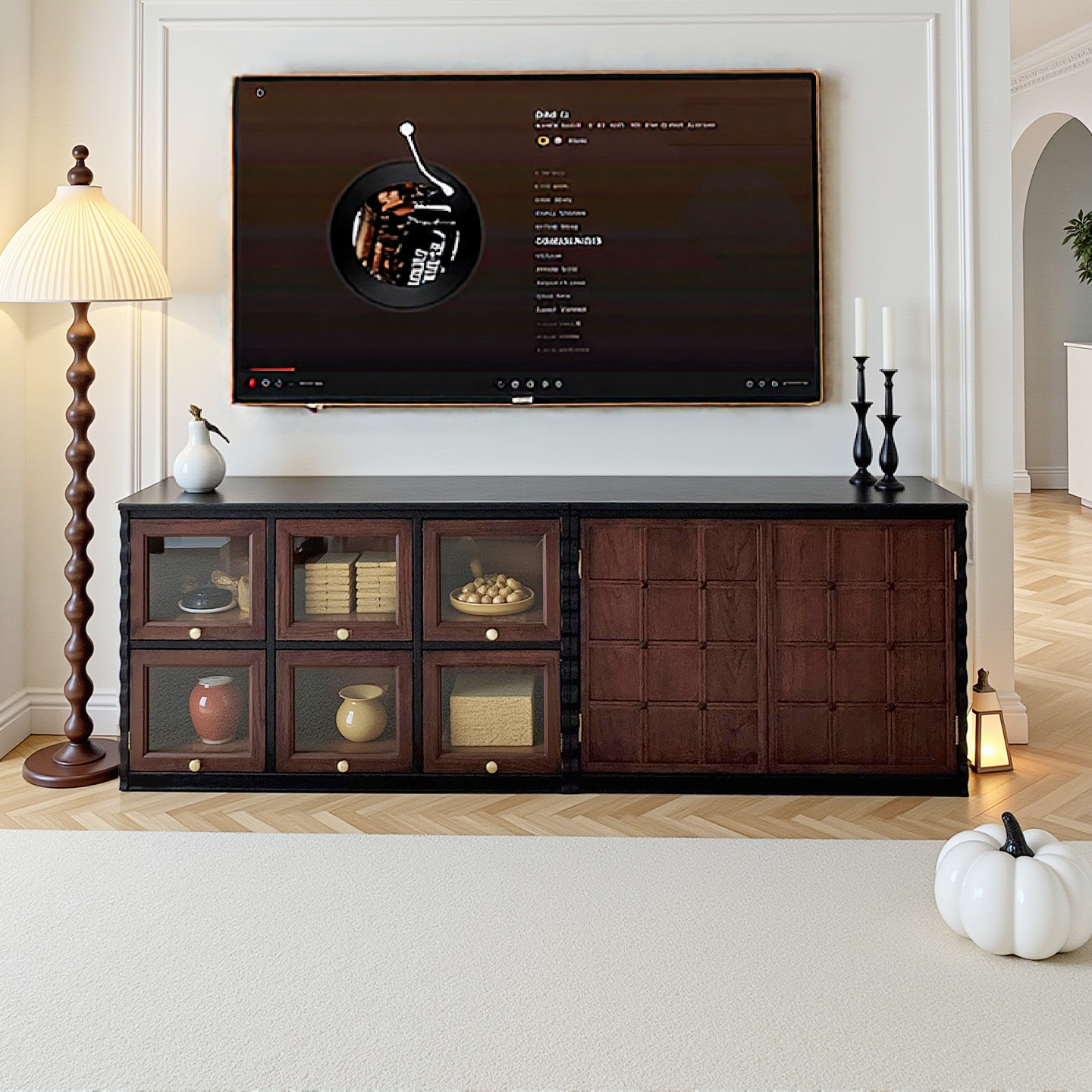 法式中古风实木电视柜客厅家用落地收纳储物柜一体电视机柜高级感