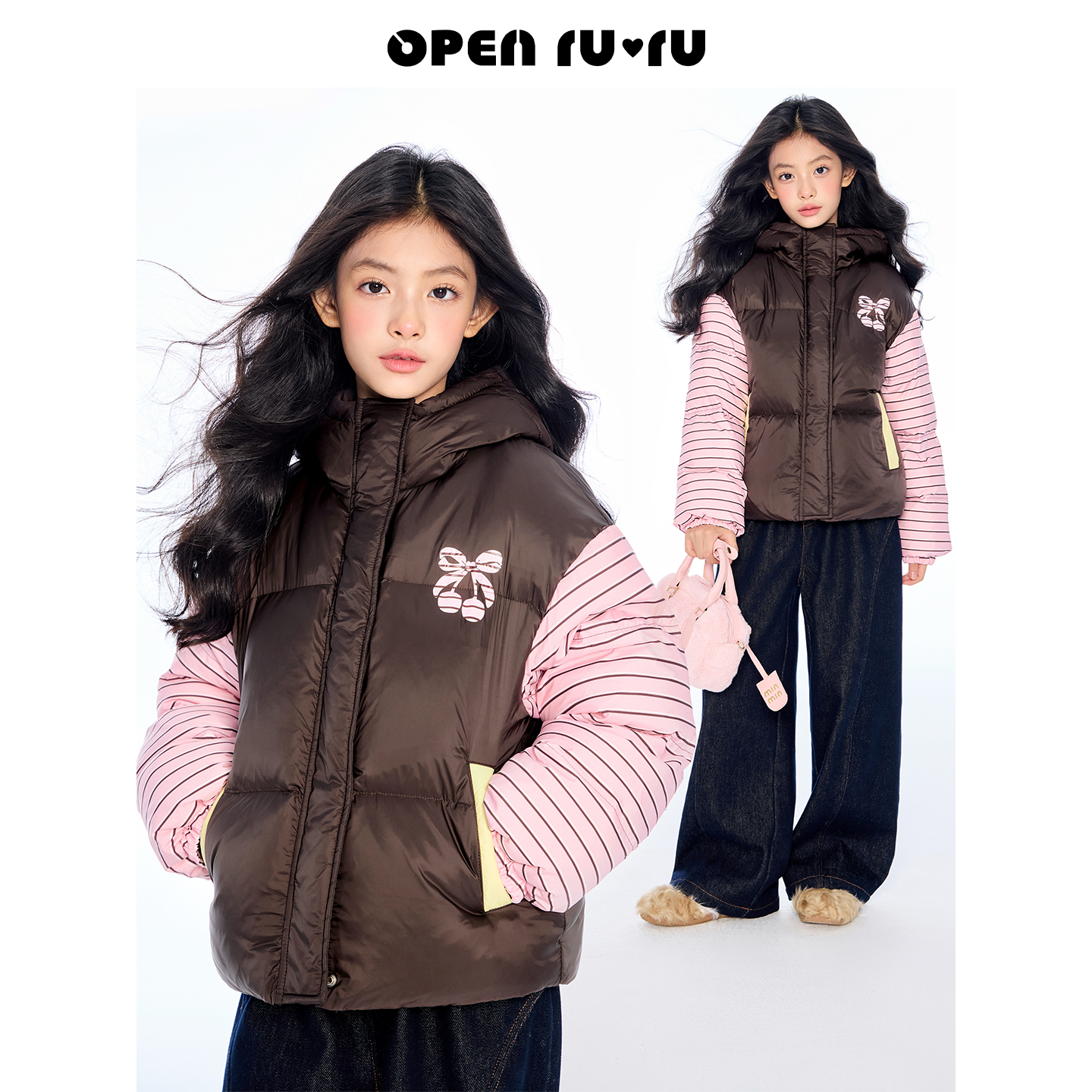 Opennunu女童印花短款冬季中大童90白鸭绒加厚保暖外套羽绒服