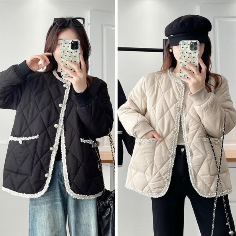 115-200斤大码女装胖mm冬装外套洋气显瘦小香风圆领棉衣菱格棉服