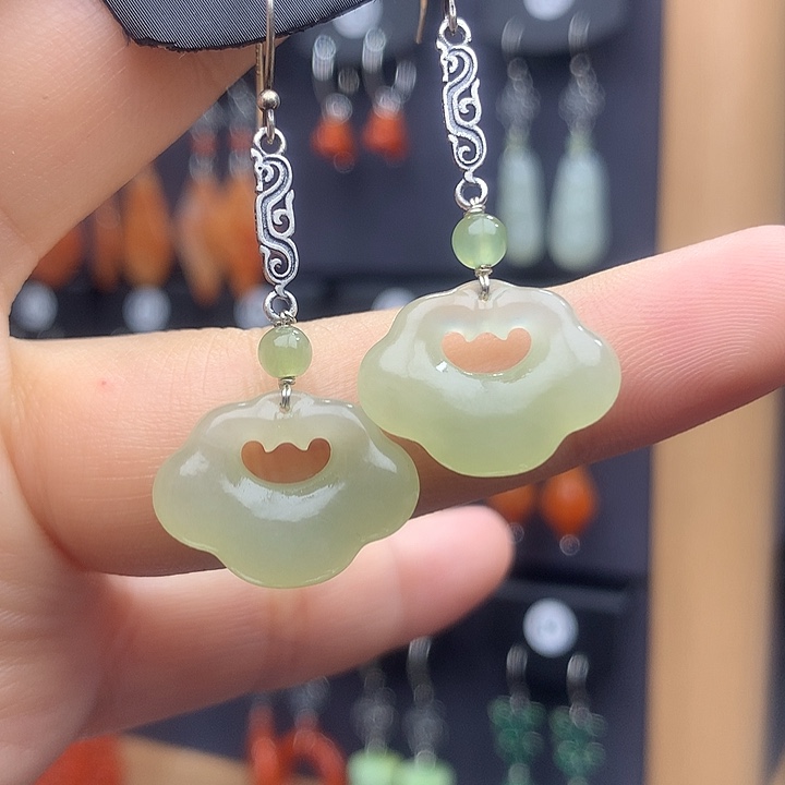 和田玉耳饰银S925镶嵌