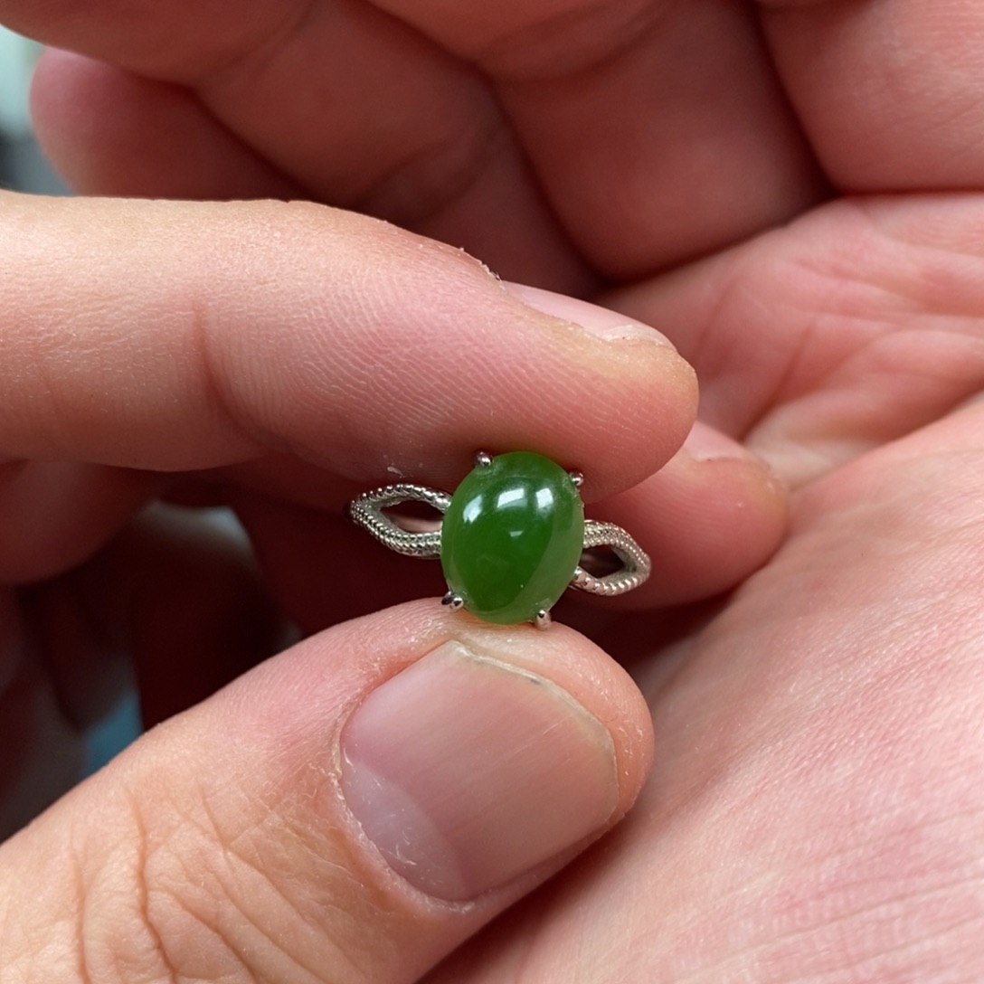 和田玉银S925镶嵌戒指和田玉碧玉戒指