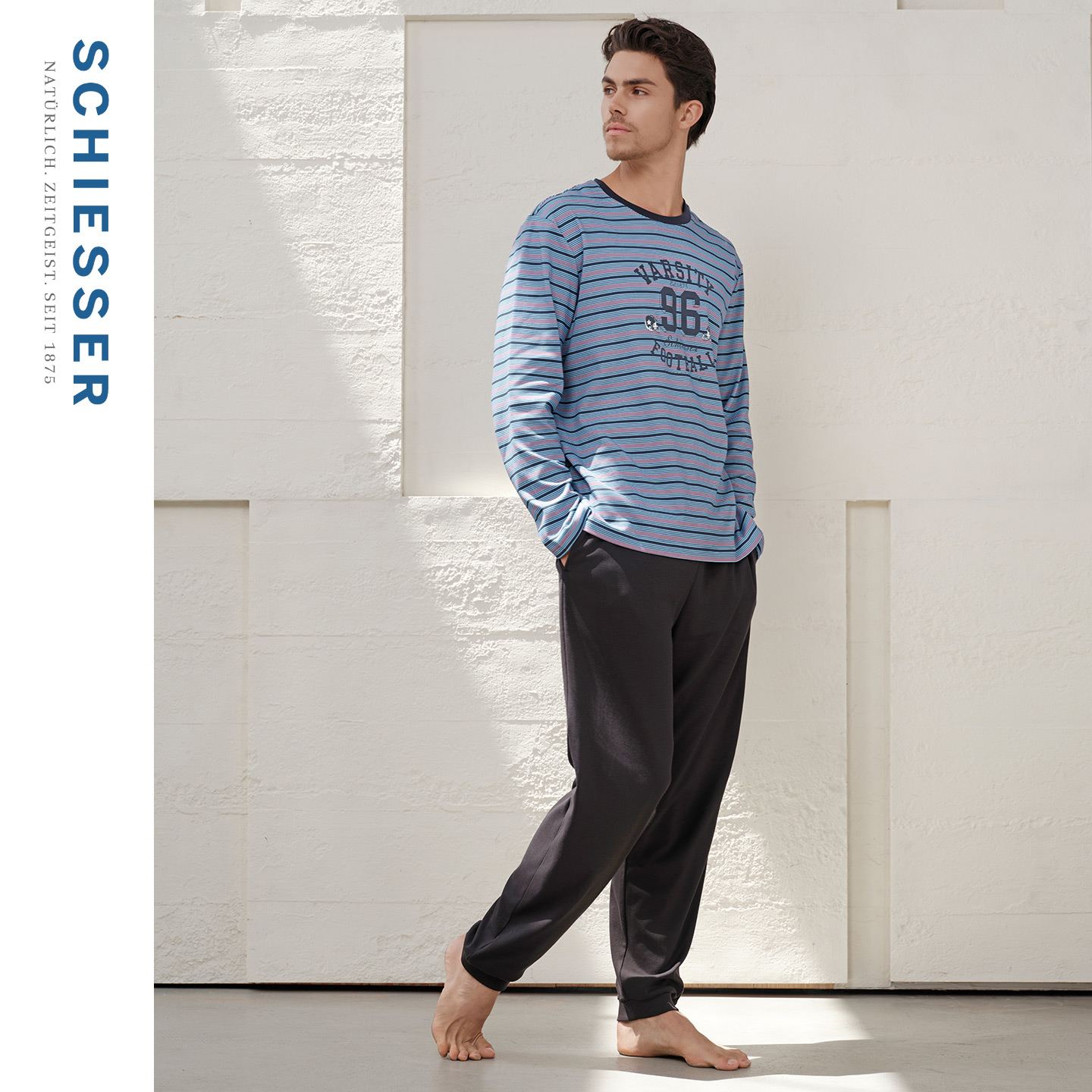 SCHIESSER舒雅25年早秋新品男士纯棉条纹圆领大码睡衣家居服套装