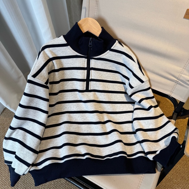 【加绒】男童加绒一体绒条纹卫衣冬季新款半高领立领打底衫女童上衣
