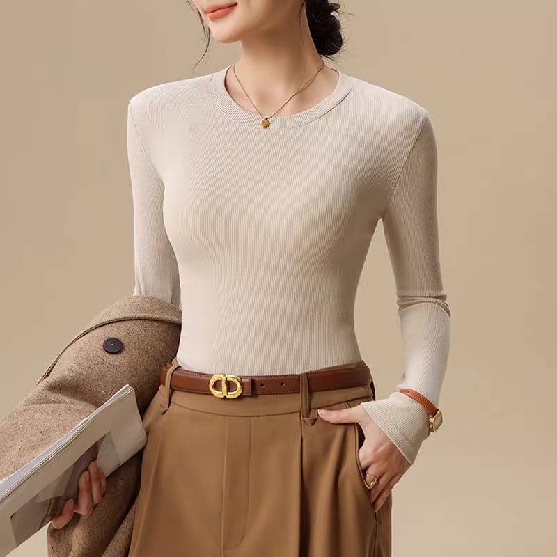 (厂家直销)圆领螺纹棉长袖T恤早秋简约洋气显瘦秋冬百搭打底衫