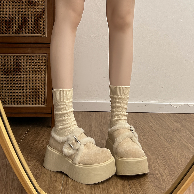 OJRZ小个子松糕厚底勃肯鞋女2025冬新款增高保暖雪地靴加绒毛毛鞋