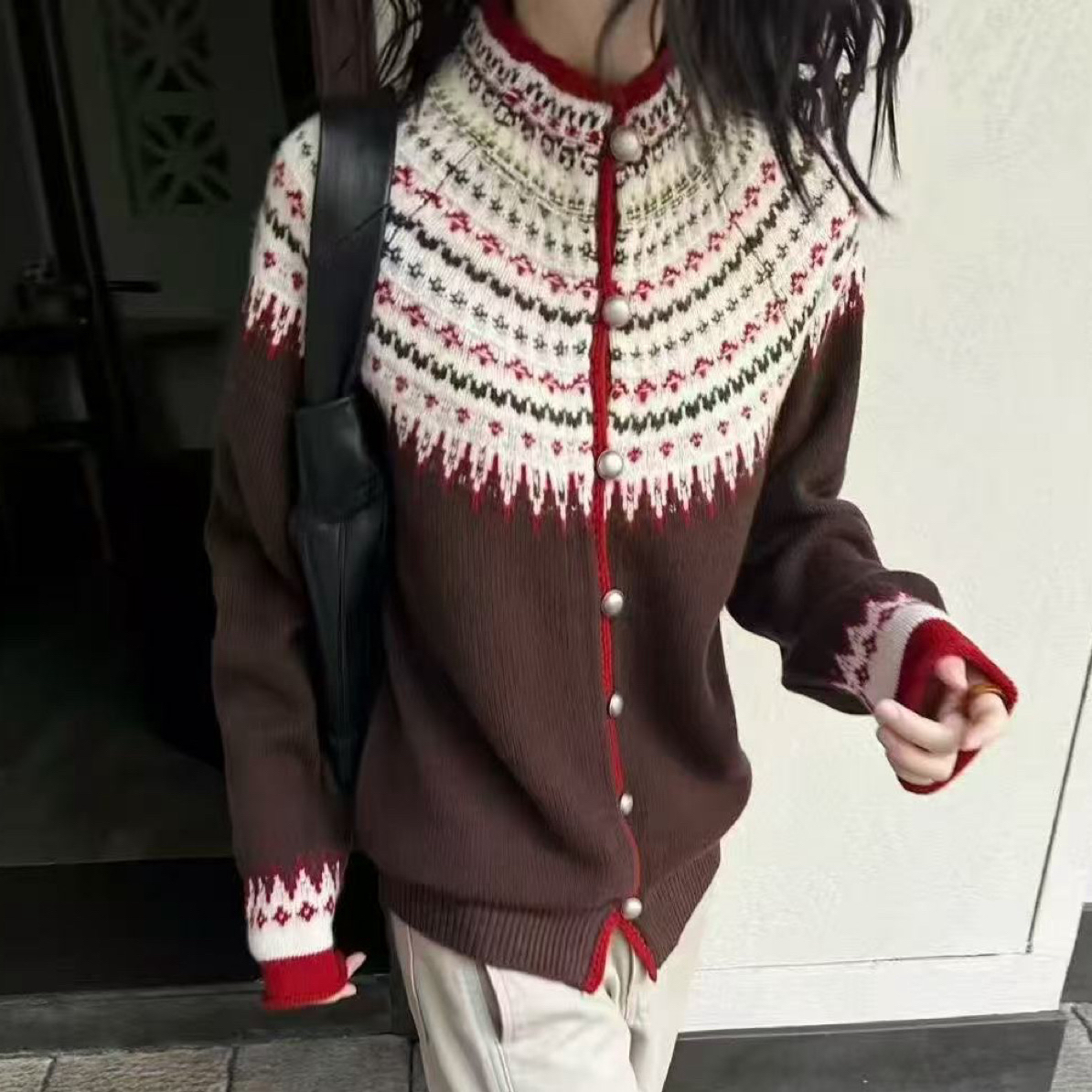 复古费尔岛风重工提花撞色长袖针织毛衣开衫6690