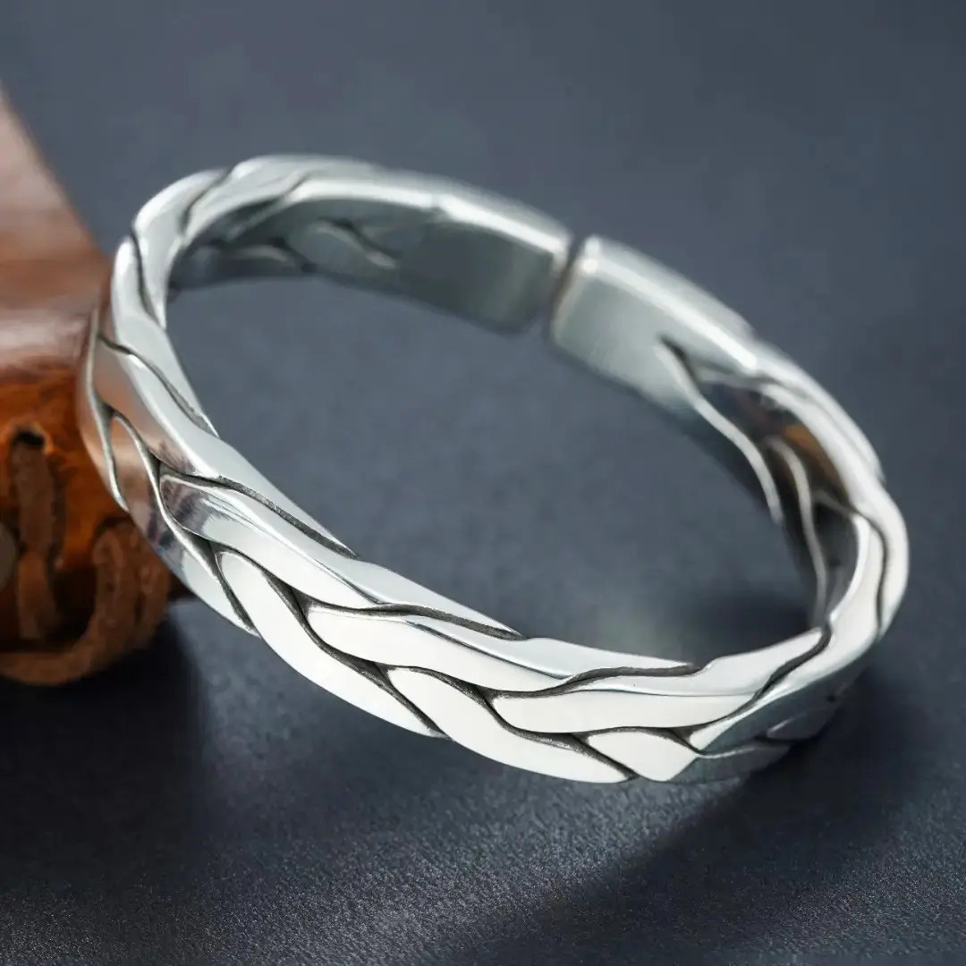 足银手镯 手工编织麻花男士999纯银手镯开口复古情侣银镯子送男友
