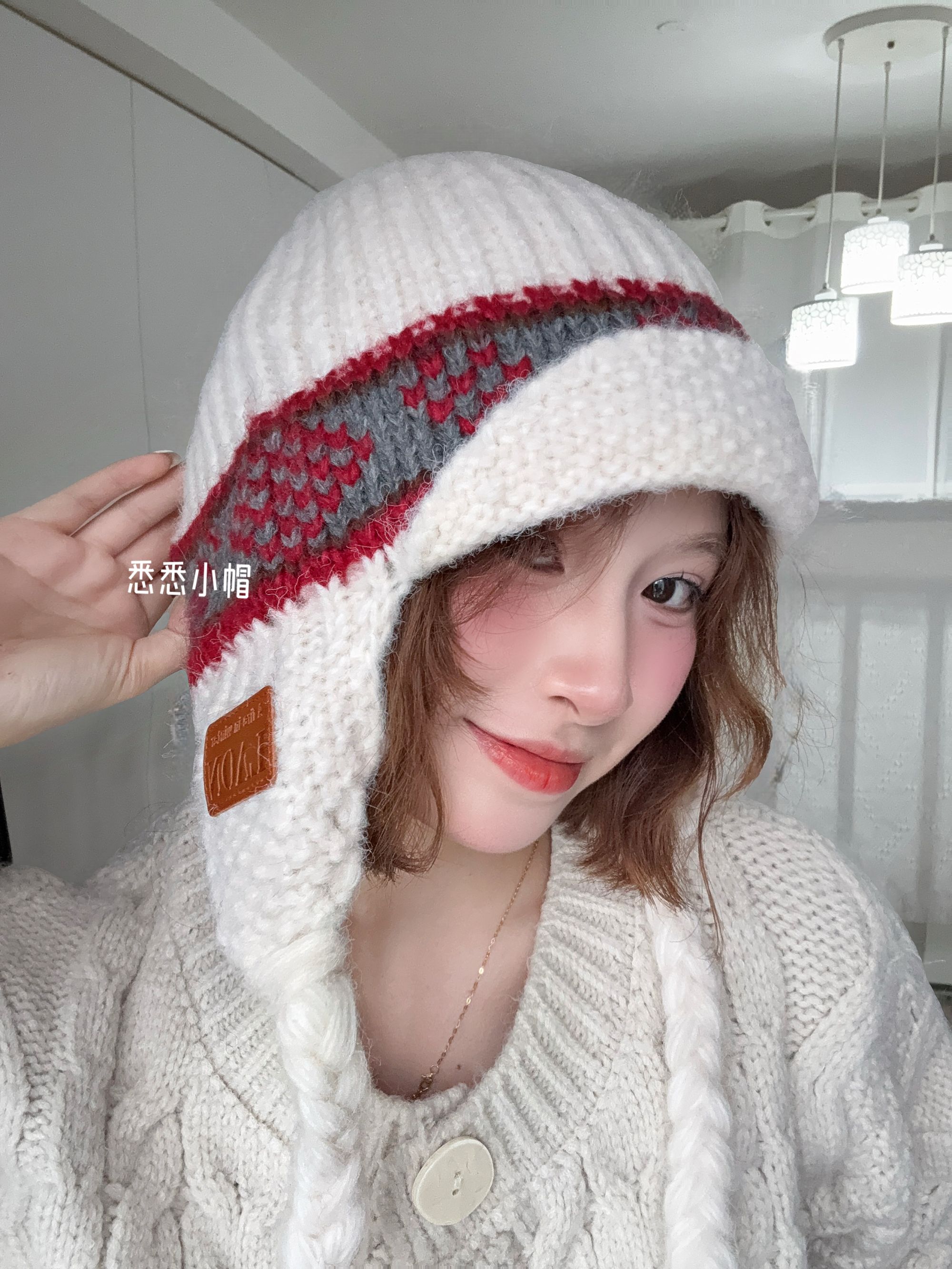 费尔岛提花针织毛线雷锋帽女保暖护耳卷檐秋冬骑行防寒帽加厚K004