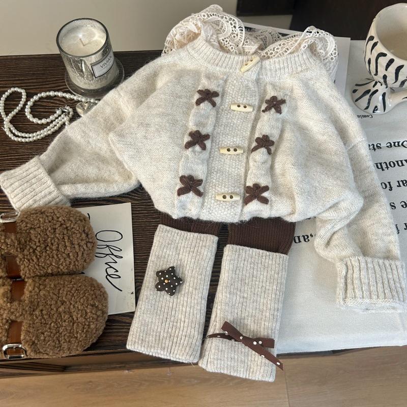 （果粒童品）平韩版童装2025新款秋季女童蕾丝连帽冬季毛衣开