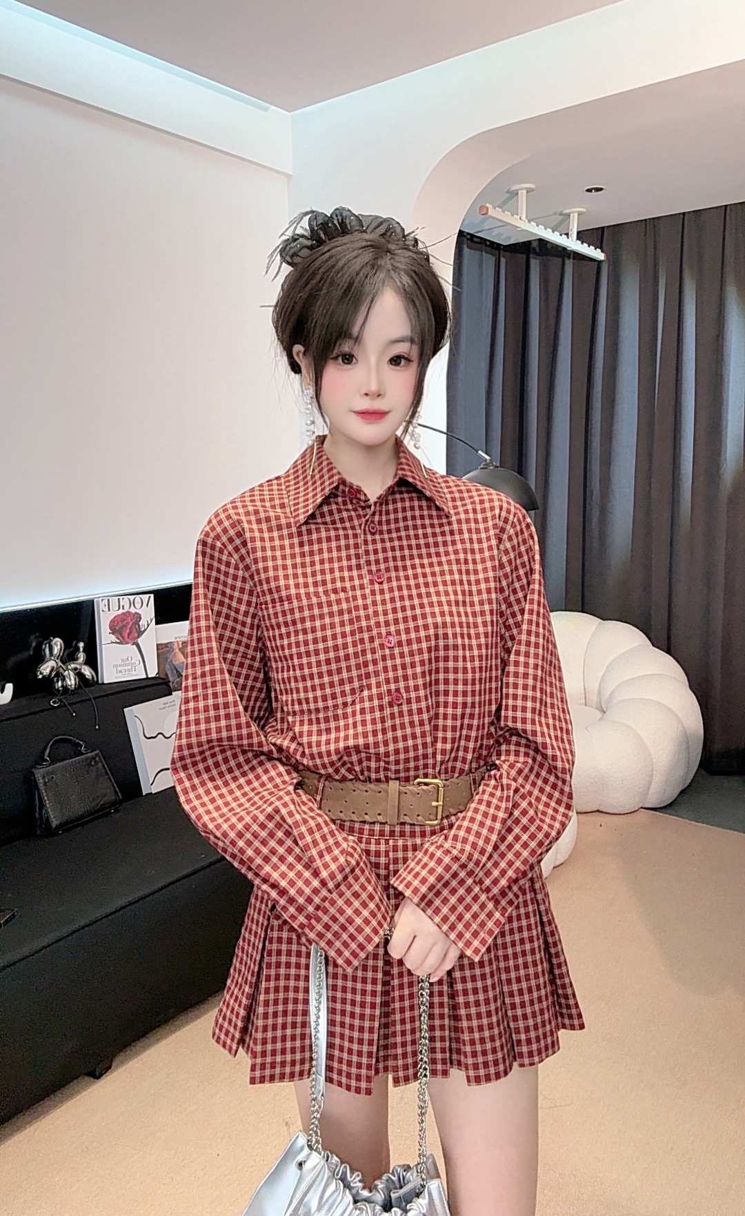 法式休闲风时尚套装格纹长袖复古百搭连衣裙上衣