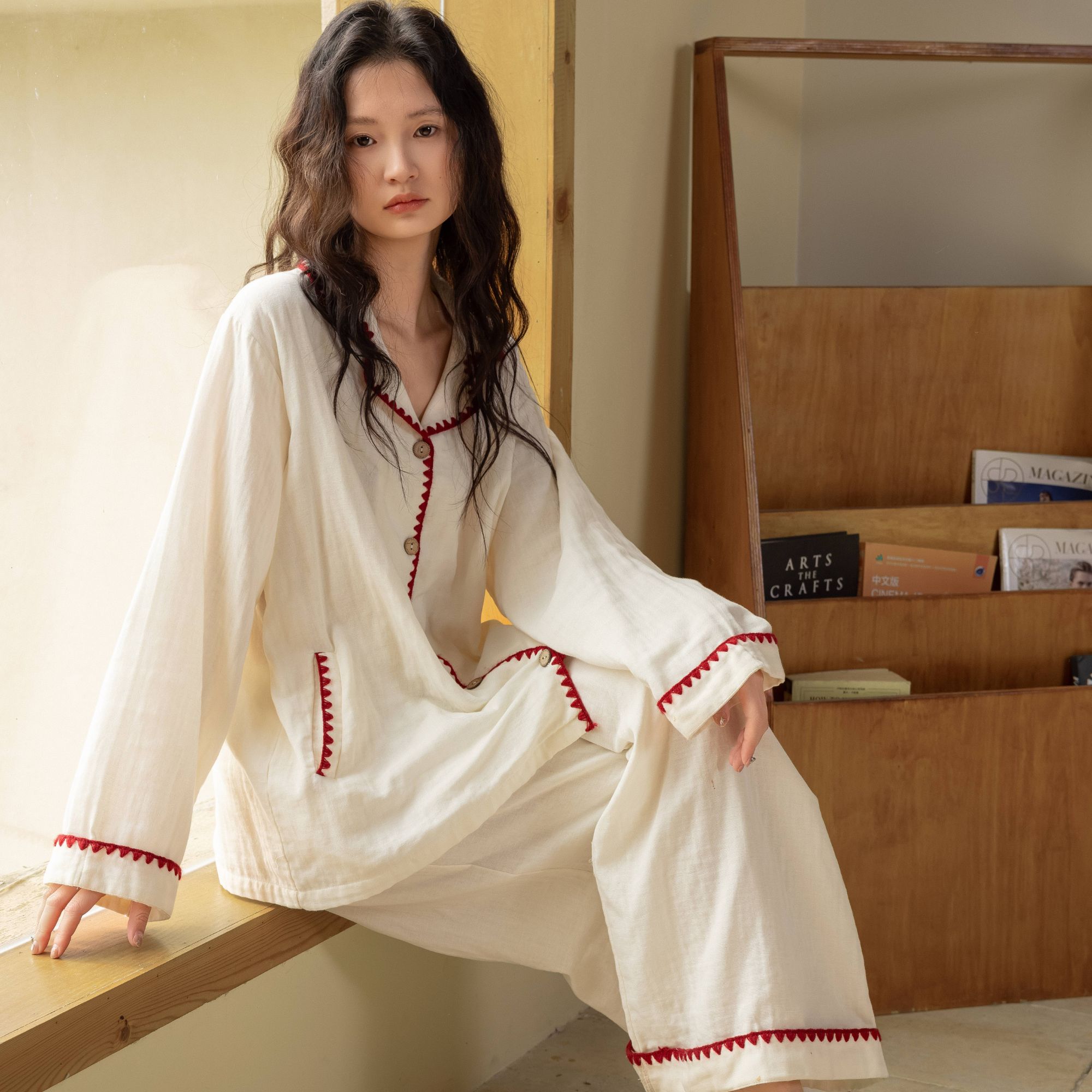 族玛士睡衣女士春秋季长袖纯棉纱布衬衫2025新款白色夏家居服套装