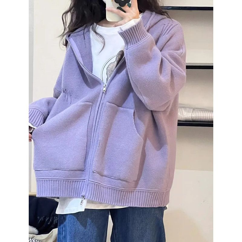 大码紫色连帽拉链毛衣外套女秋冬季胖MM300斤宽松慵懒风针织开衫