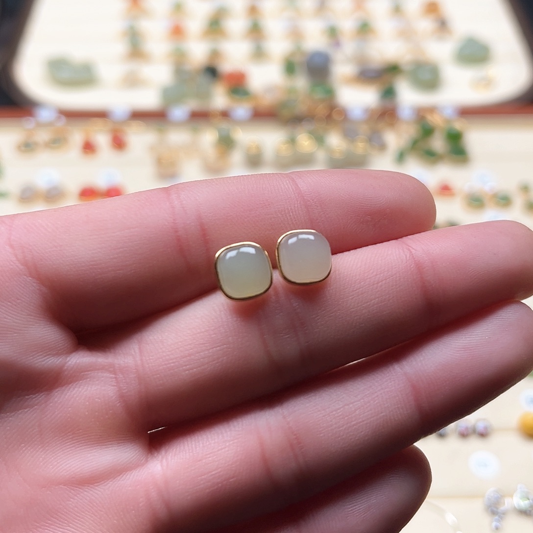 和田玉耳饰银S925镶嵌