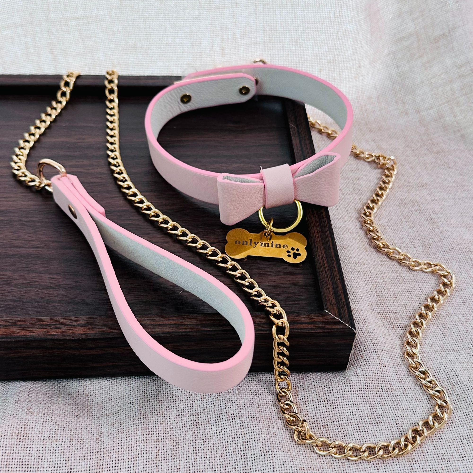 合金项链 手工定制真皮蝴蝶结粉白原创设计项圈配饰链条时尚可爱