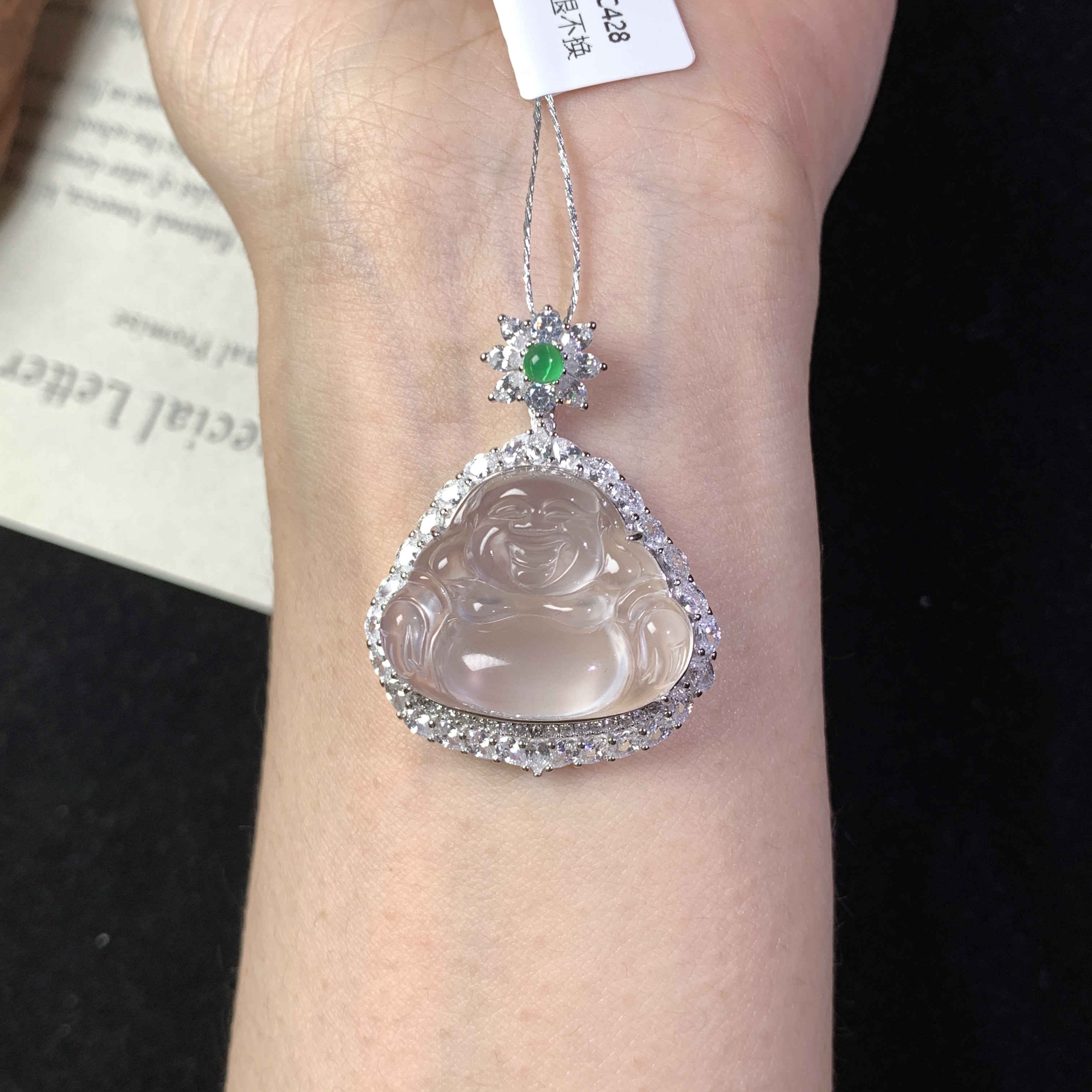 天然石英质玉 弥勒佛公白冰笑佛玉吊坠银镶小众品质珠宝项链挂坠