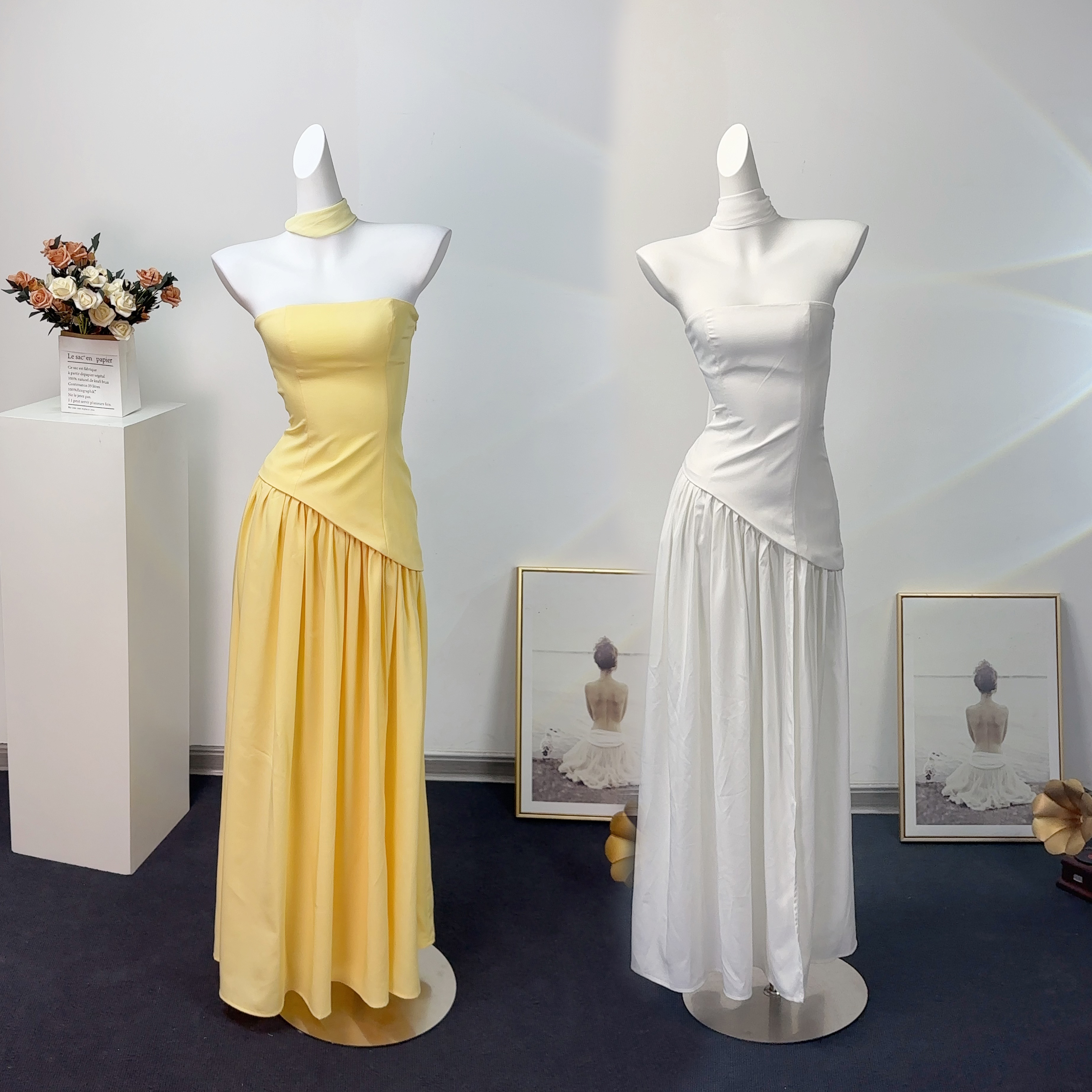 颖三三气质女神鹅黄抹胸长裙减龄性感露肩修身显瘦绑带开叉连衣裙