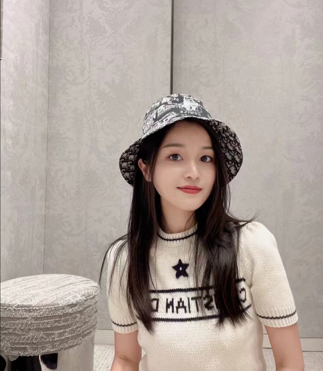 未使用 DIOR/迪奥 Dior迪奥女士黑白印花双面渔夫帽帽子165817