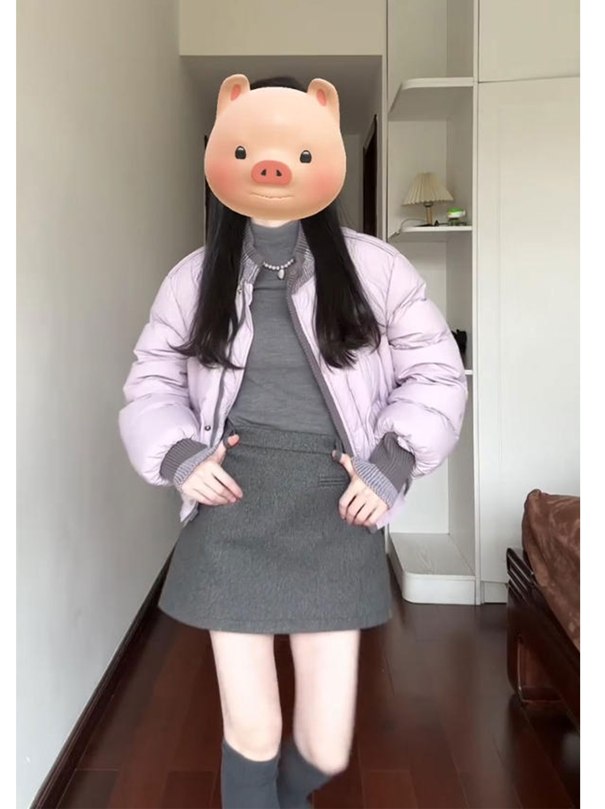 韩系慵懒风穿搭套装女秋冬季圆领棉服外套立领打底衫a字裙三件套