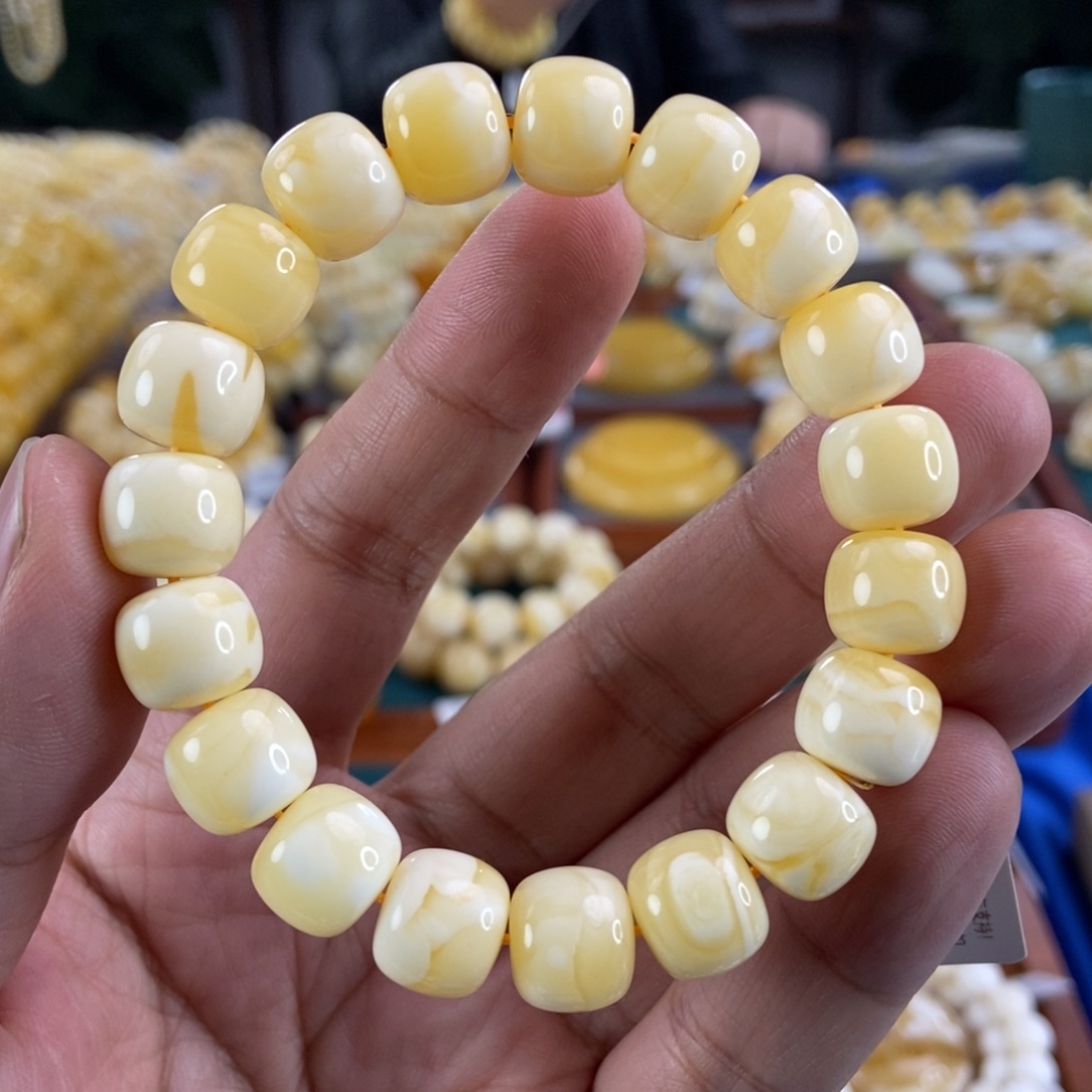 琥珀珠宝奇石未镶嵌11+浓白花蜡手串17.28