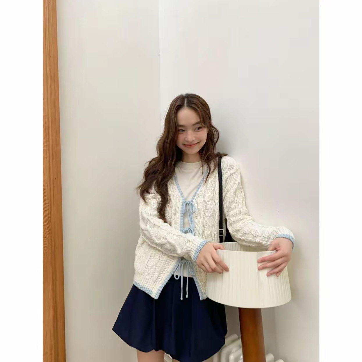 温柔风撞色麻花针织衫女秋季绑带设计感毛衣外套长袖开衫韩系上衣