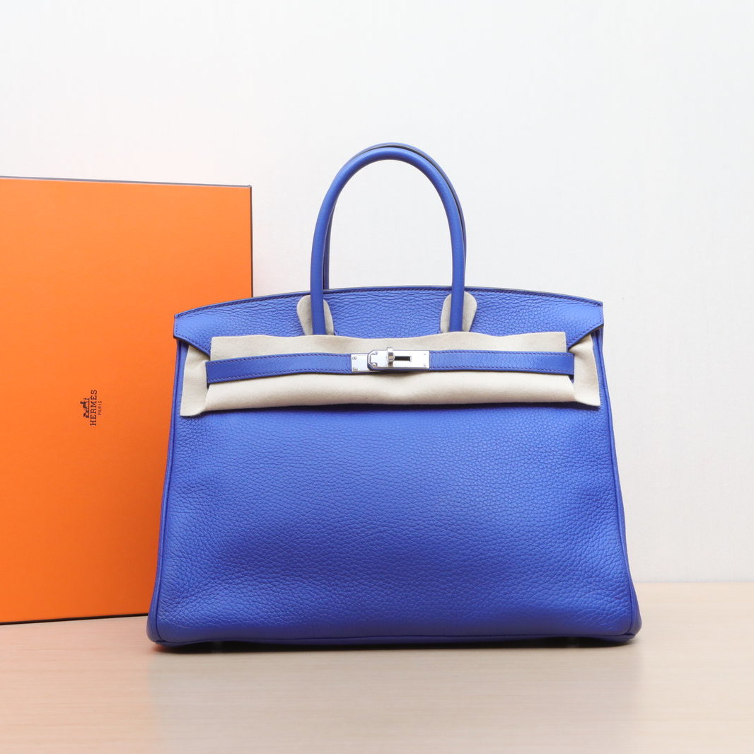95新 Hermes/爱马仕 【黑黑】Birkin 35 7T电光蓝 TC皮 框O 银扣