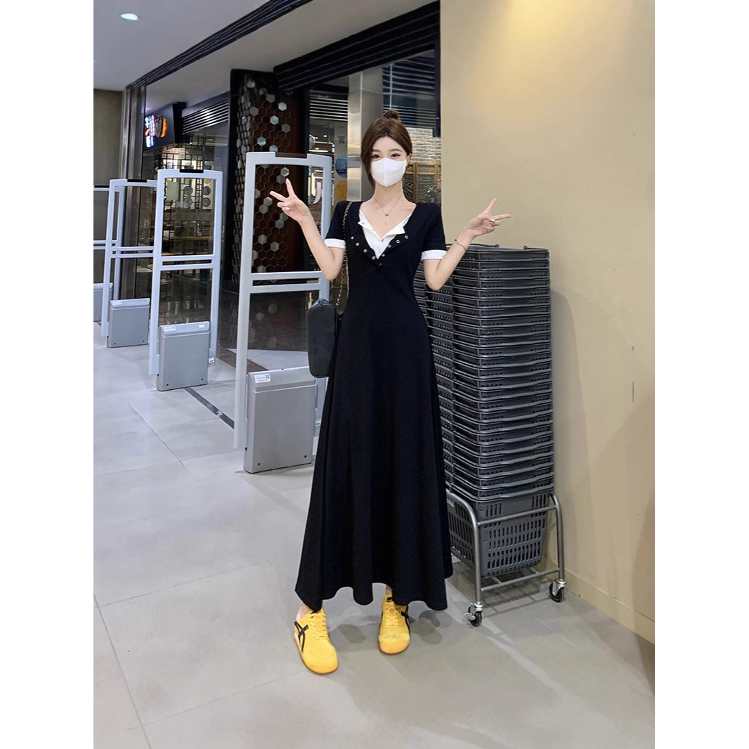 韩版2025夏季新款纯欲显瘦假两件设计感v领连衣裙气质百搭长裙女