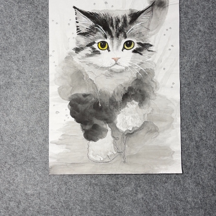 国画手绘国风猫咪图案