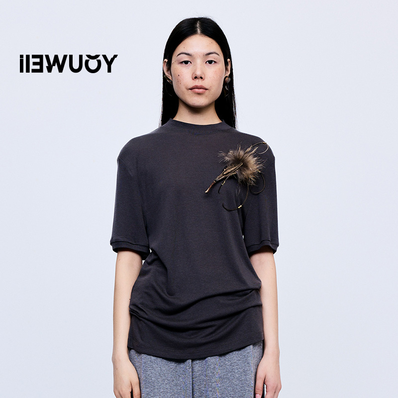 有尾YOUWEI2025秋季天丝羊毛修身夏季短袖T恤宽松女款Y1125308