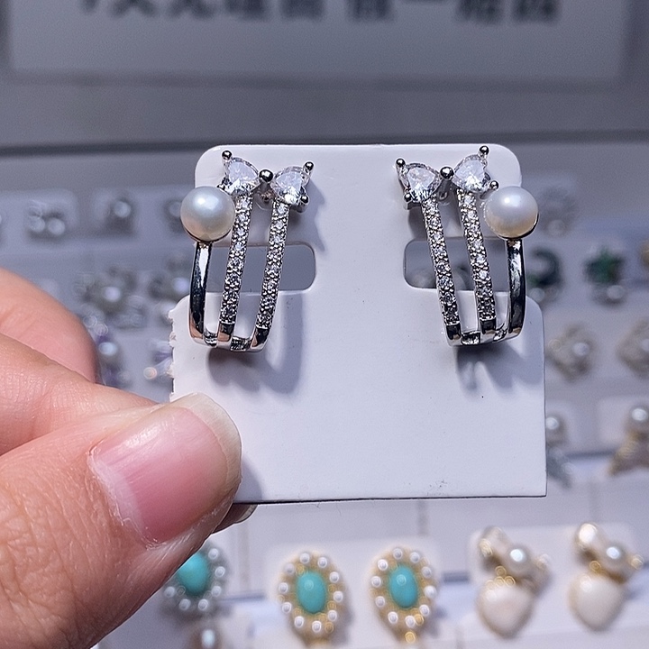 耳饰银S925镶嵌淡水珍珠