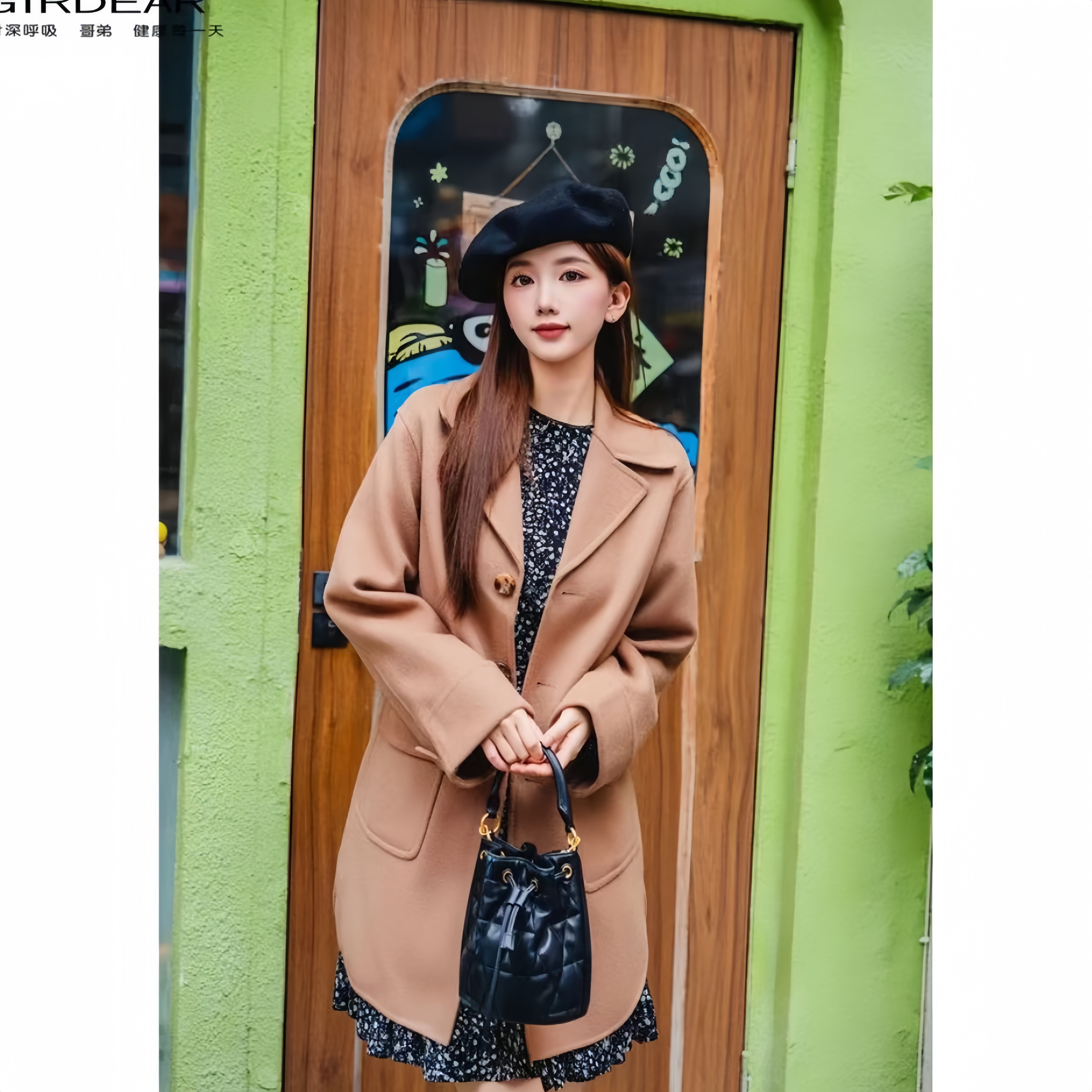 GIRDEAR/哥弟秋冬翻领纯色常规女装经典韩版复古轻毛呢外套140046