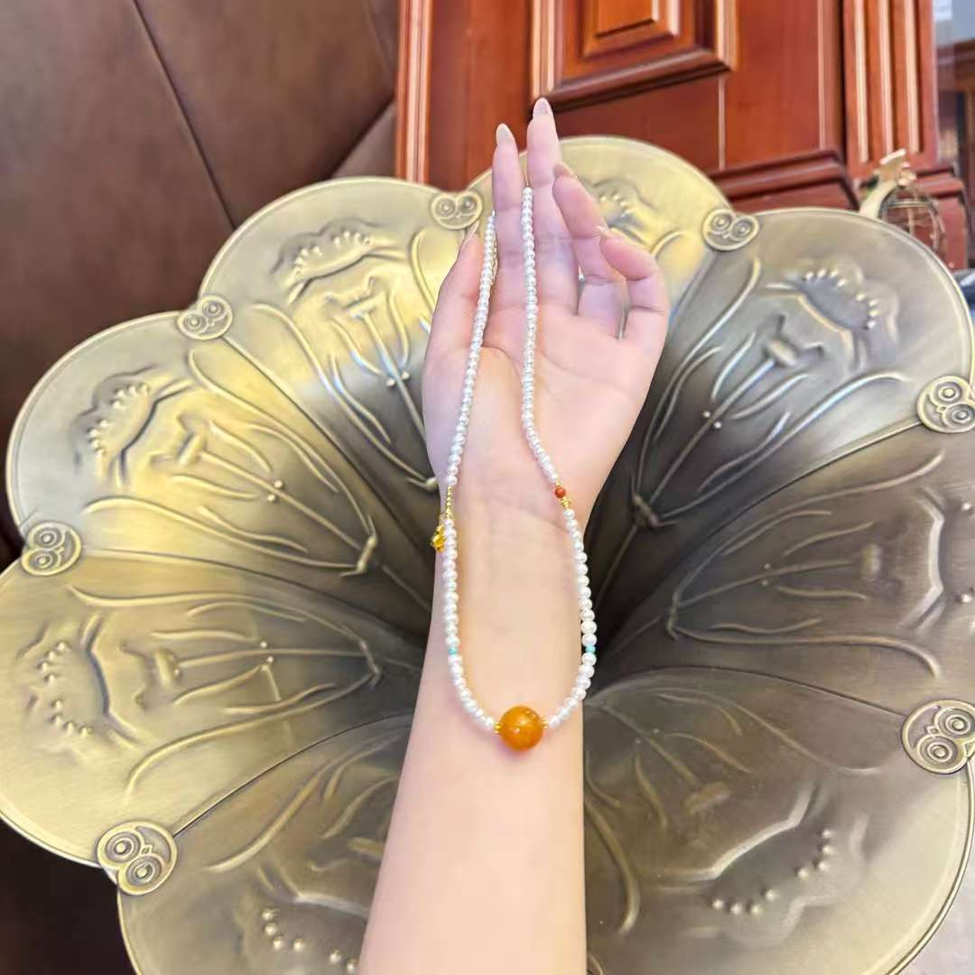 源源手作06*珍珠鸡油红蜜蜡项链