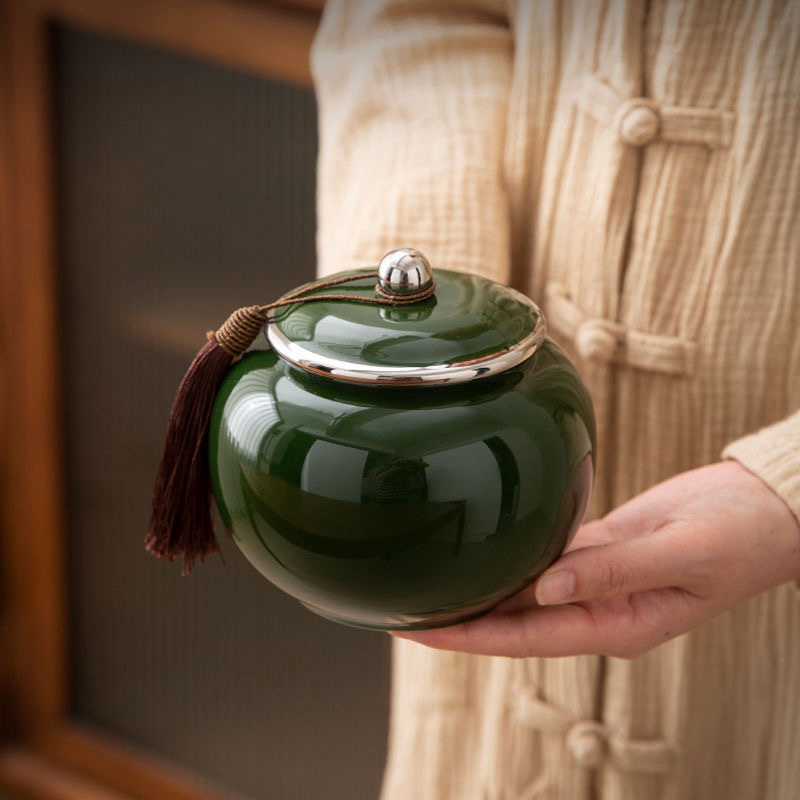 高端祖母绿陶瓷茶我罐密封罐家用摆件储物罐一罐多用