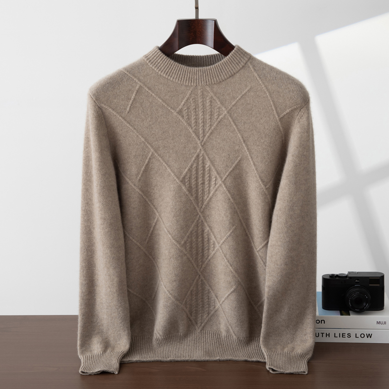 100%纯山羊绒衫男士双股加厚半高领菱形提花纯羊绒套头衫 400克