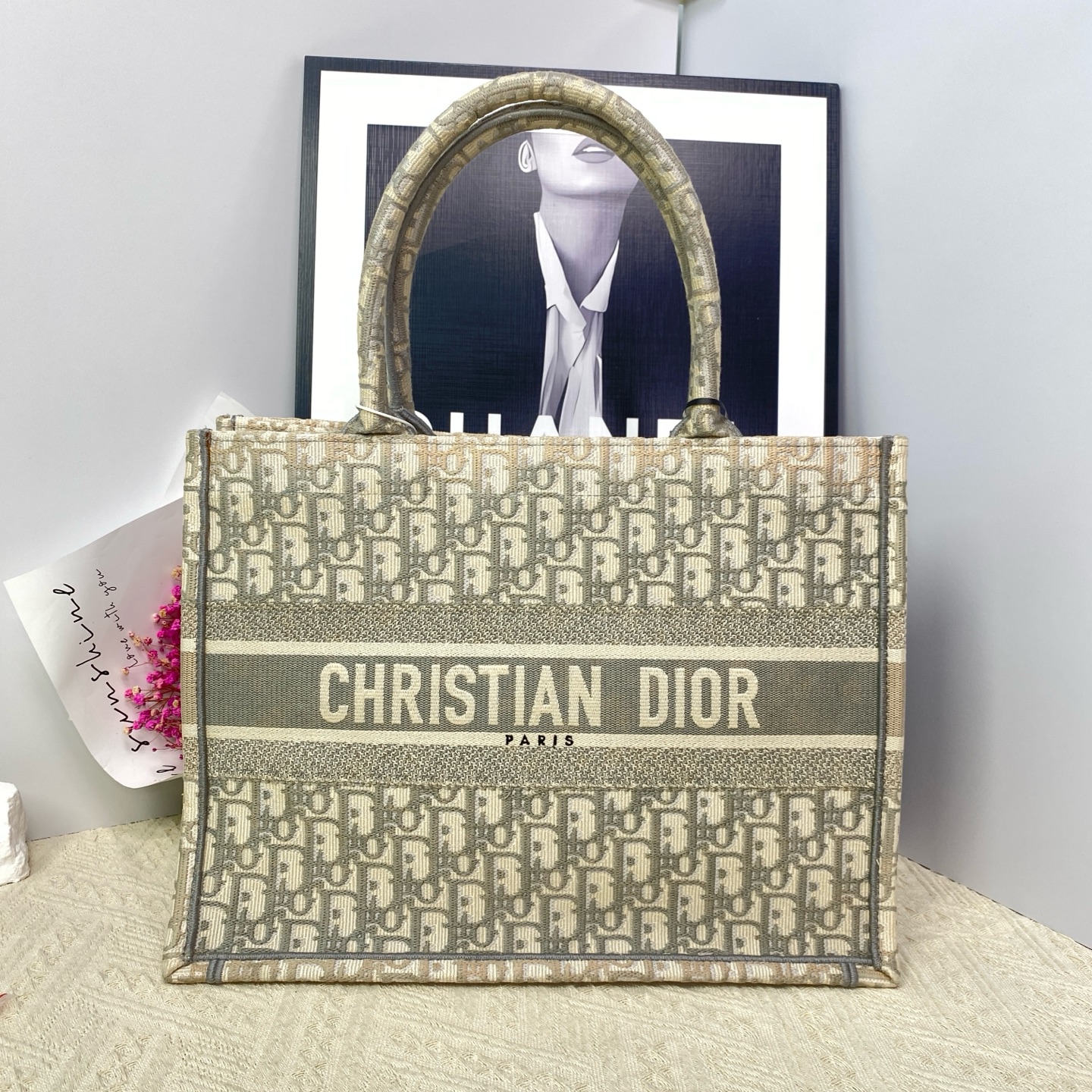 95新 DIOR/迪奥 22年灰色老花中号帆布托特包手提包16486401