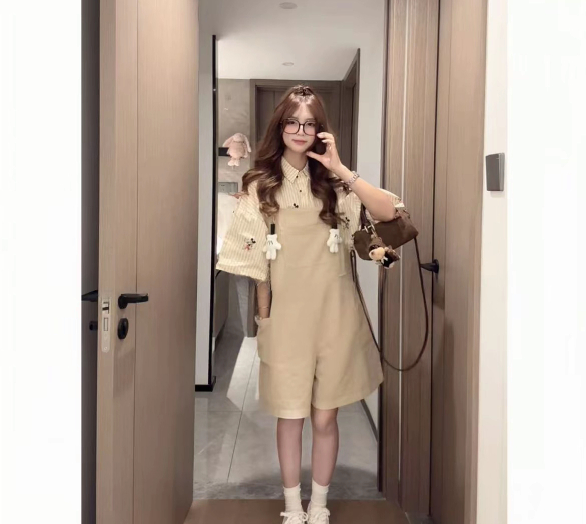 甜美系背带裤套装大码女洋气减龄显瘦学院风少女系穿搭时尚休闲