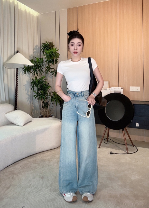 【海南简爱】2025春季新品时尚高腰宽松牛仔长裤女9091
