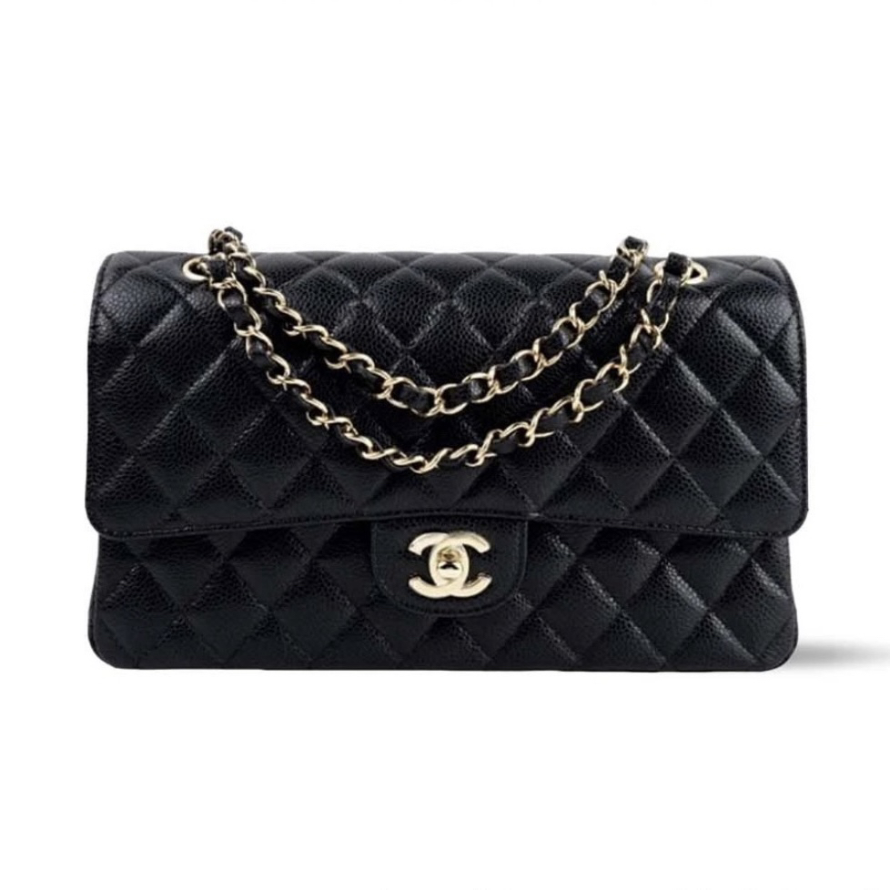 99新 Chanel/香奈儿 黑金荔枝CF中号单肩包 29开