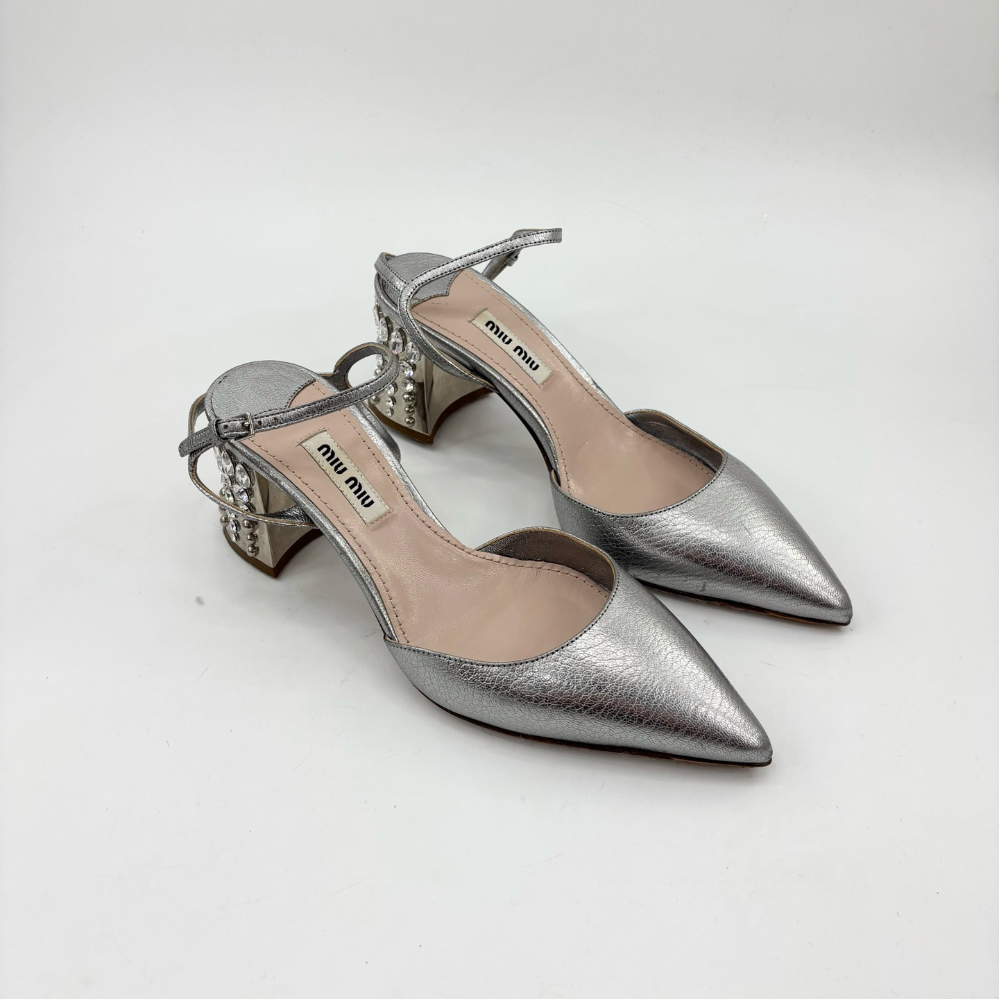 99新 MIU MIU/缪缪 35码/尖头银色水钻高跟鞋/pp426880