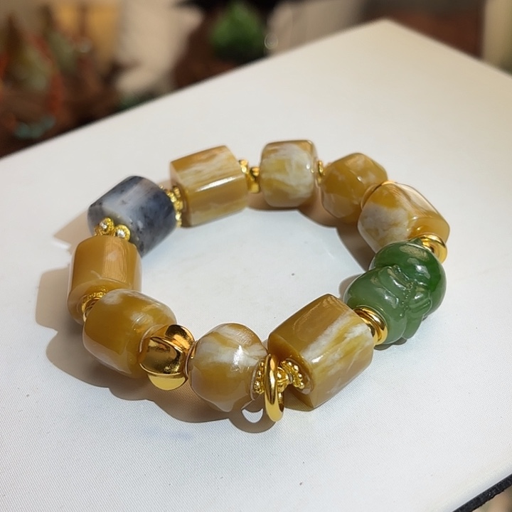 和田玉（青白玉）银S925镶嵌手链青花多宝