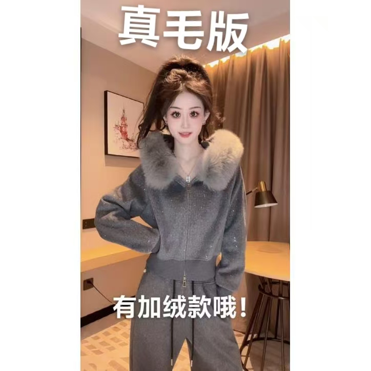 【星夜灰】冬季新款加绒款狐狸毛高级感设计感靓丽气质长袖外套